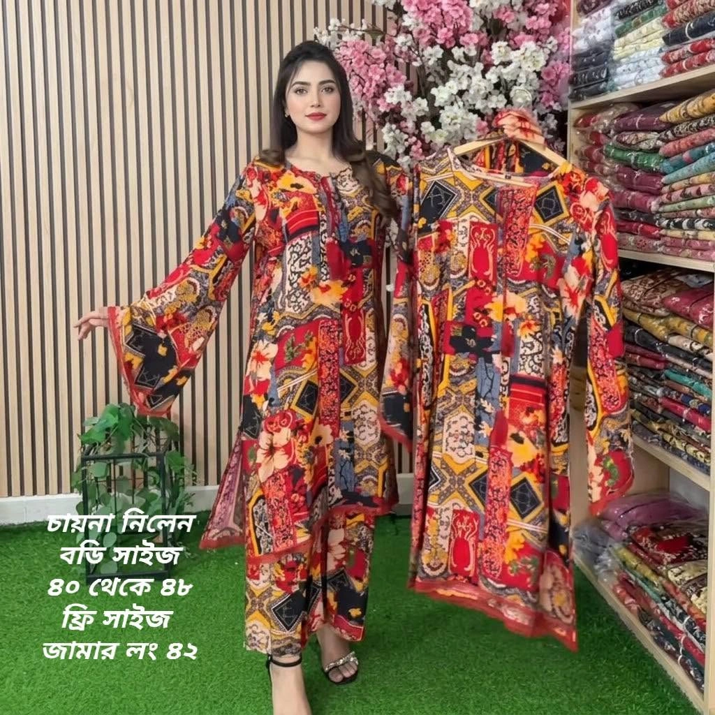 রেড ও মাল্টি-কালার প্রিন্টেড চায়না লিলেন টু-পিস