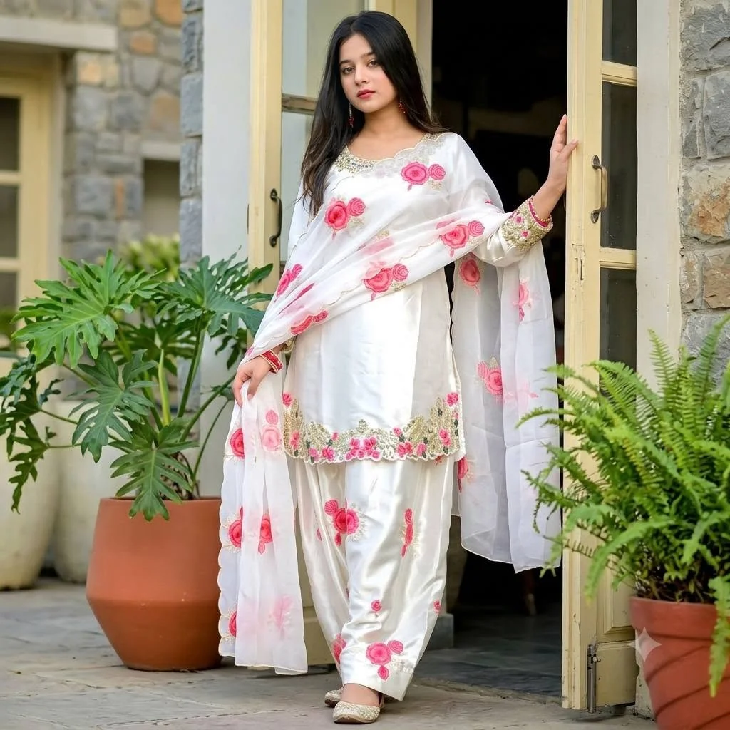 এক্সক্লুসিভ সামু সিল্ক এমব্রয়ডারি থ্রিপিস - হোয়াইট ও পিংক